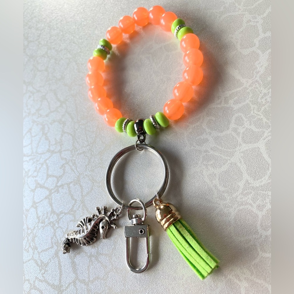 Orange and Green Beaded Stretchable Wristlet Bracelet with Seahorse Charm